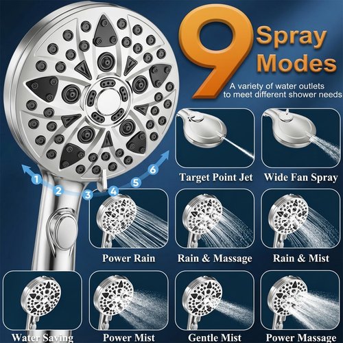 Jill Deaaa® Shower Head, 9-Mode High Pressure Shower Head with Handheld & ON/Off Switch, Anti-clog Nozzles & Built-in Spray for Clean Tub & Pet, With Stainless Steel Hose, Wall & Overhead Bracket