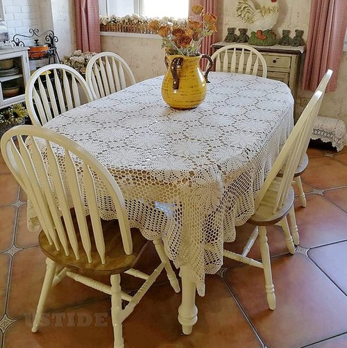 USTIDE Shabby Handmade Crochet Tablecloth Rectangle Romantic Table Cover White Lace Design Table Overlays Rectangular 51inchesx70inches