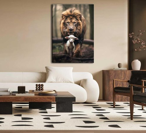 Framed Lion and Lamb Canvas Wall Art | Christian Jesus Lion King Poster for Living Room & Bedroom Decor