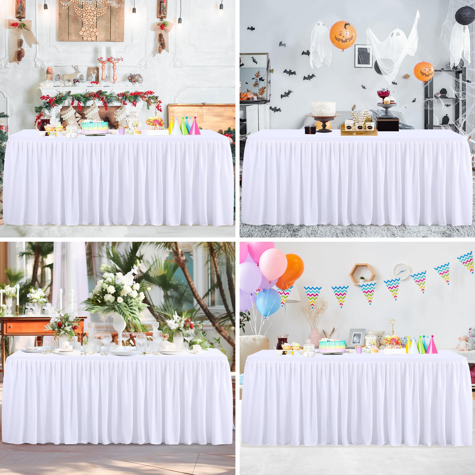 Party Talk White Polyester Table Clothes for 4 Foot Rectangle Tables, Wrinkle Free Fitted Table Cover 4ft Stretch Tablecloths with Skirt for Parties Weddings Birthday Banquet Baby Shower