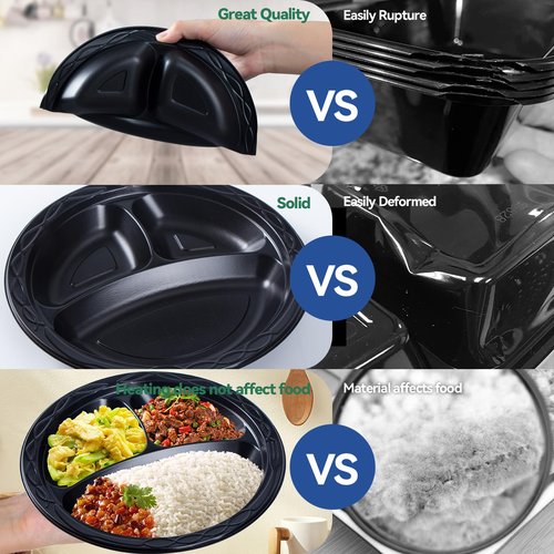 EKOSAVOR Plastic Plates 10" 150 Pack - Shrink Wrapped BPA Free Mineral Filled PP | Microwave & Dishwasher Safe | Heavy Duty Non permeable Party Plate | Black Commercial 3 Compartment Disposable Trays