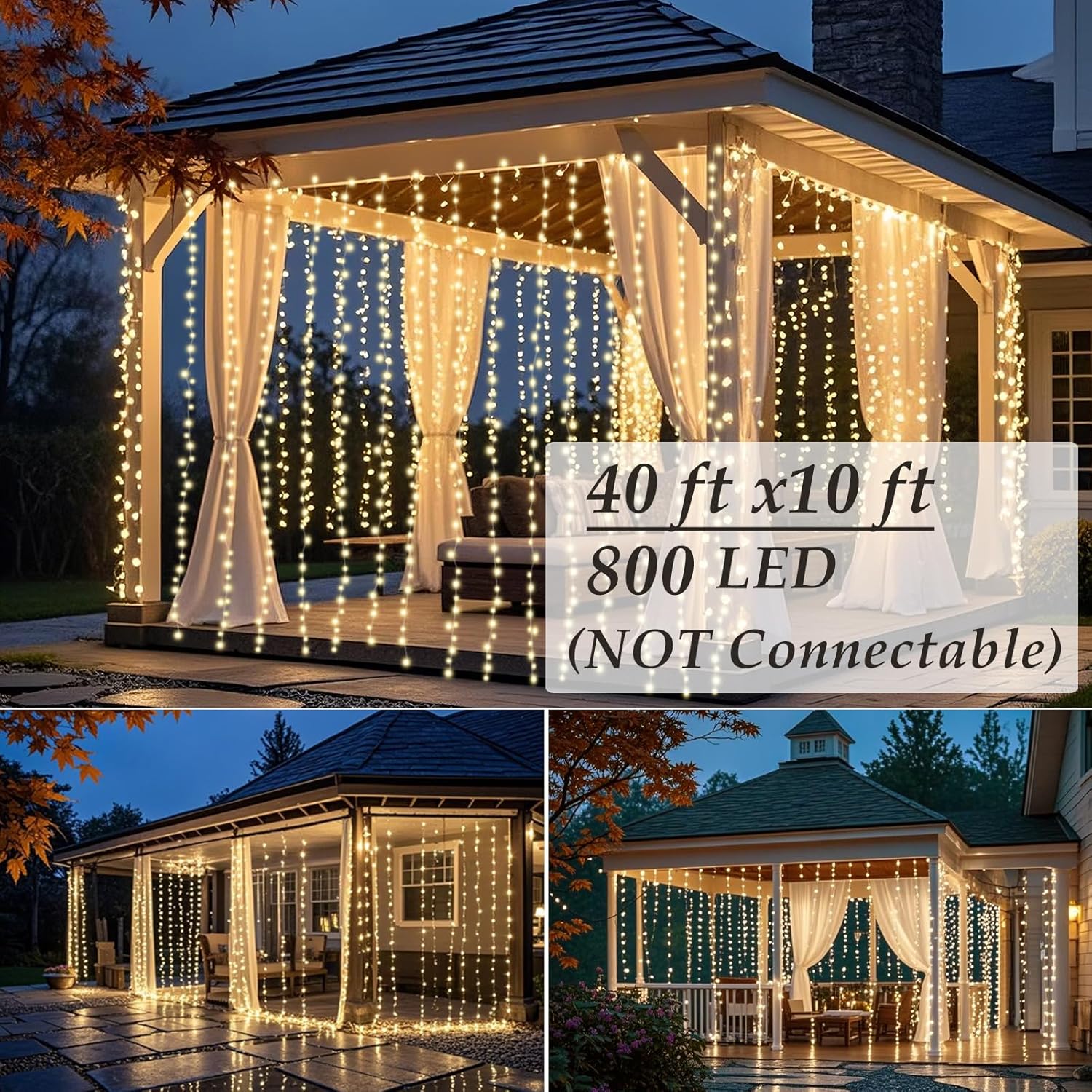 Solhice LED Curtain Lights - 800 Warm White Twinkle Lights for Outdoor & Indoor Décor | 40ft x 10ft