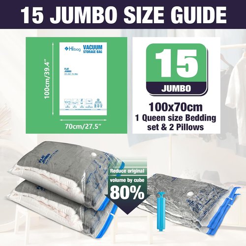 HIBAG Jumbo Vacuum Seal Bags - 15 Pack for Clothes, Comforters & Bedding Storage Solutions