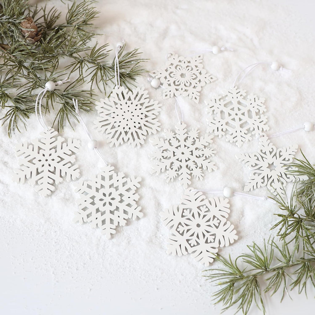 Skiennix 16-Piece White Snowflake Ornaments - 3-Inch Wooden Christmas Decorations for Holiday Crafts