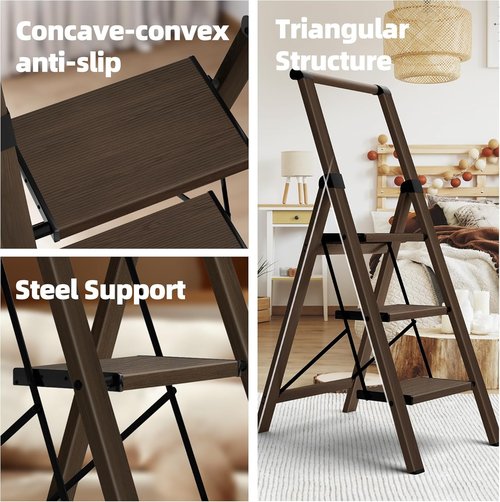 Hillhut Apex 3-Step Foldable Aluminum Step Ladder - Lightweight & Portable with Handgrip, 330lbs Capacity | Walnut Finish