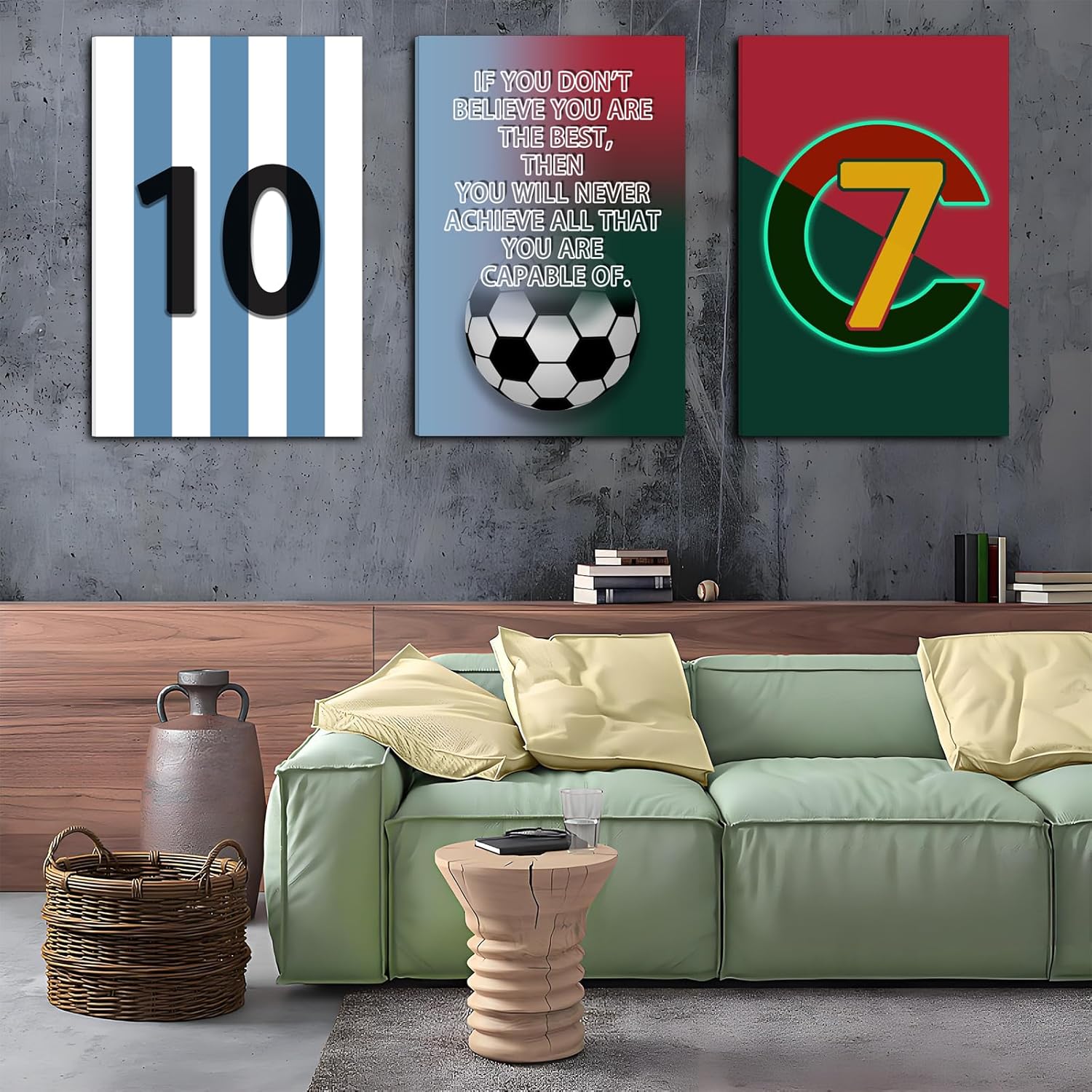 Pormipone Football Wall Art Decor - 3 Pcs Soccer Canvas Paintings for Boys Room | 16x24 in