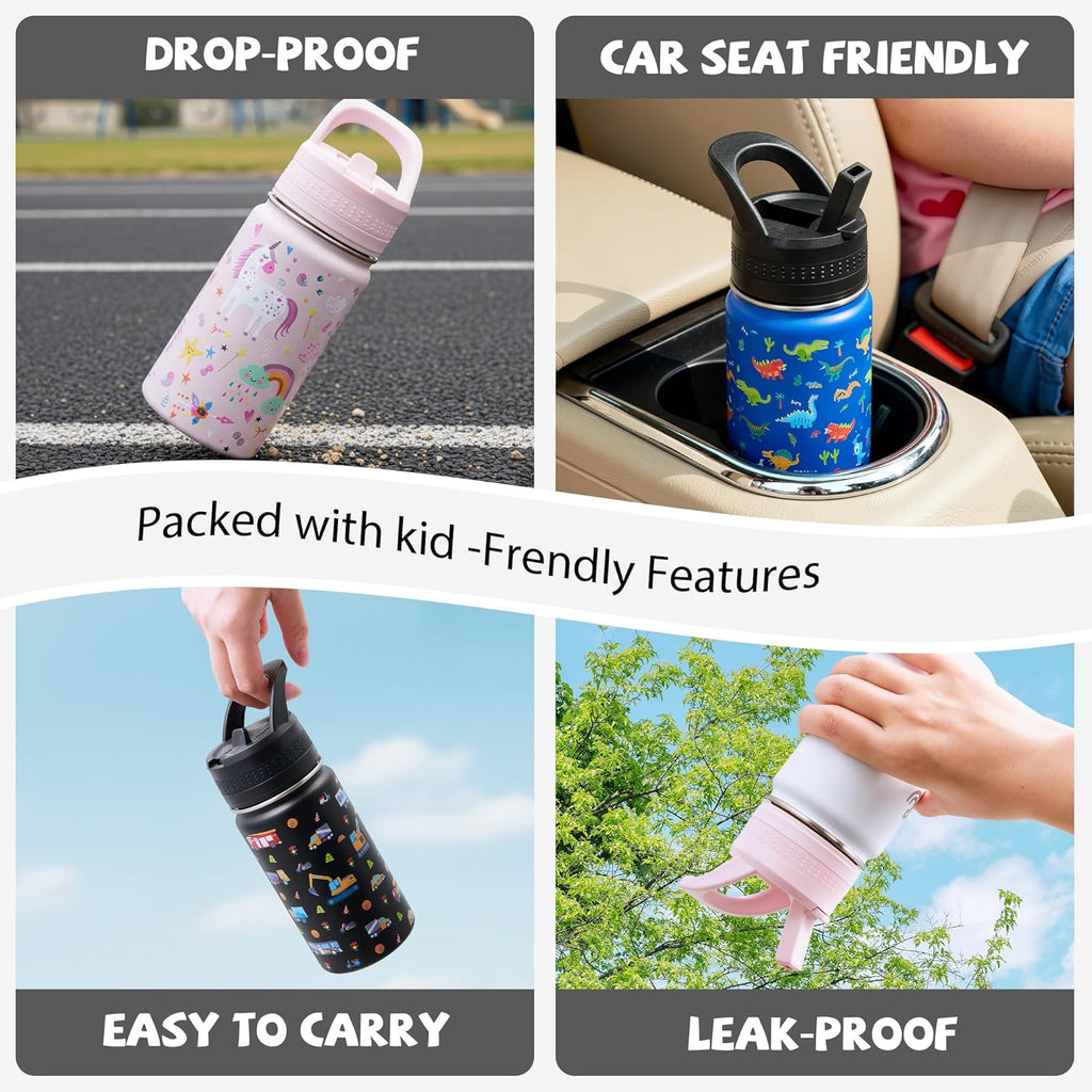 Skiennix 14 Oz Kids Water Bottle - Insulated Stainless Steel, Leak-Proof & BPA-Free | Black