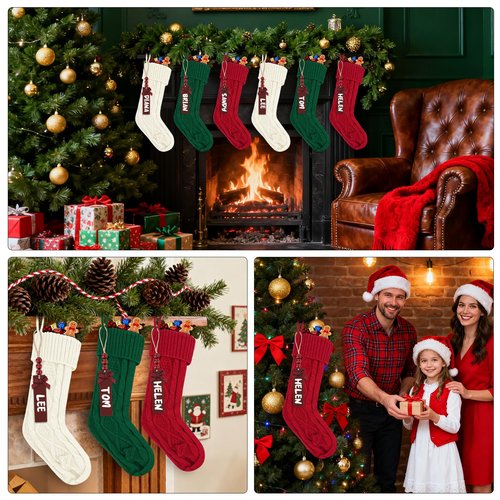 YSZquildore Personalized Christmas Stockings 18 Inch Large (6 Pack) - Knitted Xmas Stockings with DIY Wooden Name Tags for Fireplace Mantel, Family Holiday Decor (White&Red&Green)