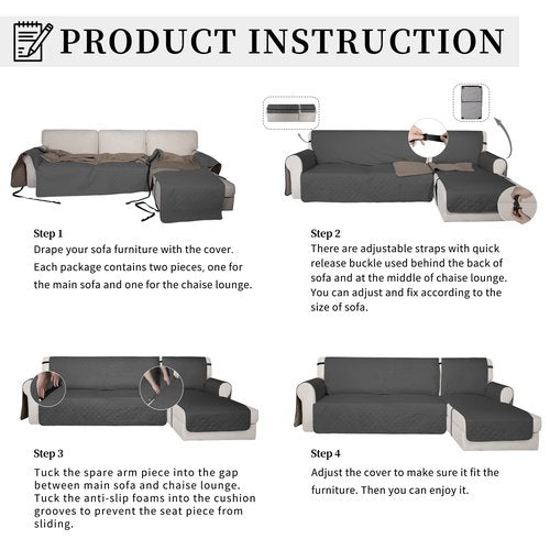Easy-Going Waterproof Sectional Couch Covers with Chaise 2-Piece Non Slip L Shape Sofa Cover for Dogs Leakproof Furniture Protector Cover with Adjustable Strap for Pets (Large, Dark Gray)