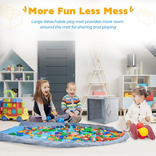 SAM AND MABEL Toy Storage Organizer with Play Mat – 13" x 13" x 13" Storage Box for Kids' Playroom, Stackable and Foldable Nursery Fabric Bin (Pebble Gray)