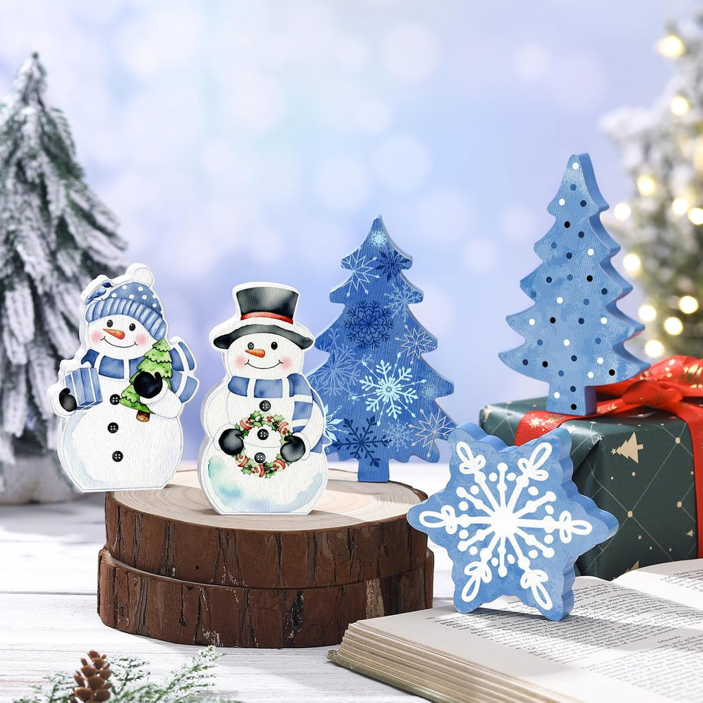 Threehoney Winter Snowman Decor - 5 Pcs Cute Blue Snowflake Table Centerpieces for Home & Office