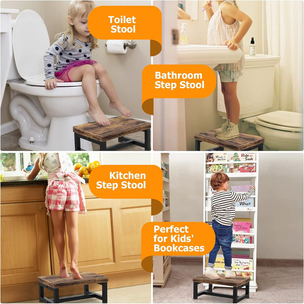 Skiennix Wooden Step Stool - Heavy Duty 500-LBS Capacity with Non-Slip Rubber Feet | Rustic Brown for Kids & Adults