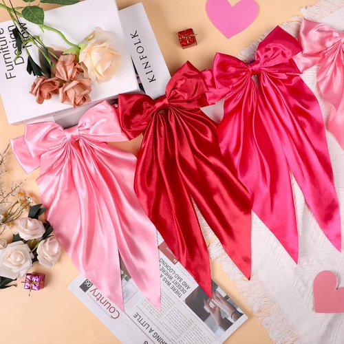 Pink Bow Garland Banner for Bachelorette Party Decorations Satin Ribbon Bow Knot Hanging Garland Banner Red Birthday Decor for Bridal Shower Wedding Engagement Party Supplies Favors (3 Red)