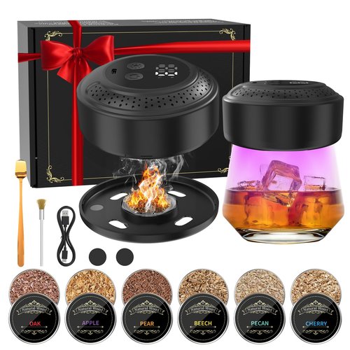 Electric Whiskey Smoker Kit - 6 Wood Chip Flavors, Built-in Lighter&Ambient Light, No Butane Needed Rechargeable Cocktail Old Fashioned Bourbon Smoker Kit, Christmas Birthday Gift for Men Dad Husband