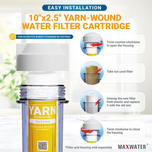 Max Water 5 Micron 10 x 2.5 String Wound Sediment Water Filter Cartridge Replacement for Whole House water filter system and RO System, Compatible with Well Water Filter WFPFC4002, WHKF-WHSW (25 Pack)