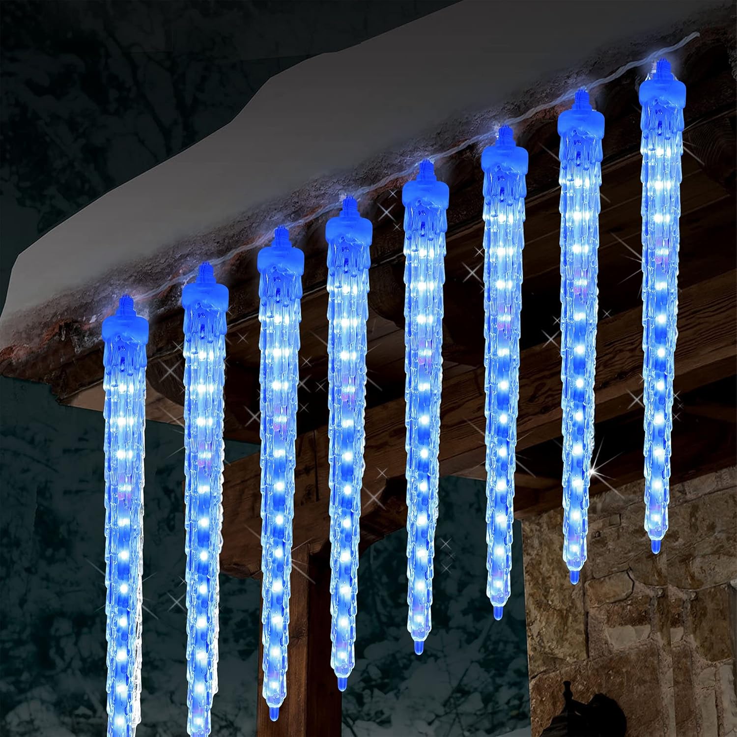 WATERGLIDE Meteor Shower Lights - 12" Outdoor Icicle Christmas Lights | 8 Icicles with 192 SMD LED, Connectable Raindrop Design, Blue Holiday Decor