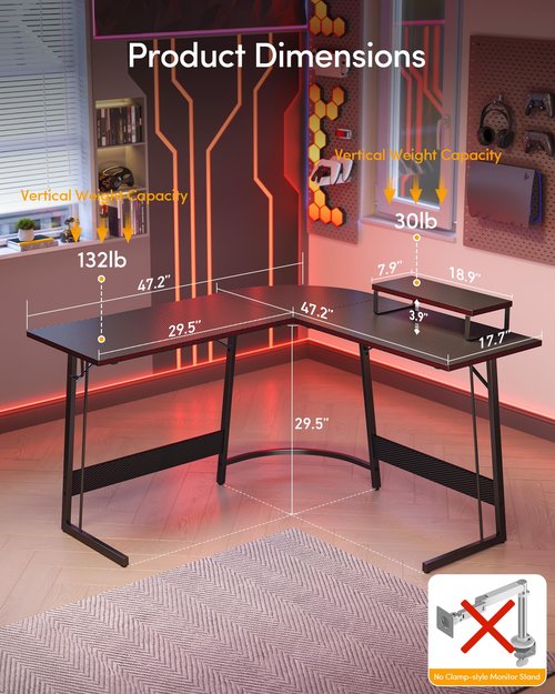 CubiCubi L Shaped Gaming Desk Computer Office Desk with Carbon Fiber Surface, 47 inch Corner Desk with Large Monitor Stand for Home Office Study Writing Workstation, Carbon Fiber Black