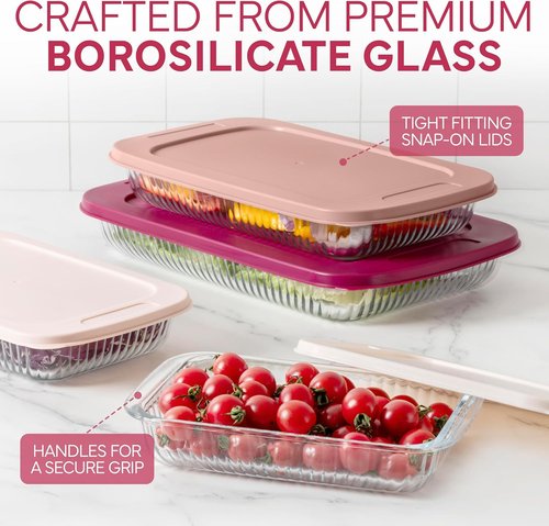 Cook With Color 8-Piece Deep Glass Baking Dish Set - Versatile Casserole & Food Storage Containers | Freezer-to-Oven, Microwave & Dishwasher Safe, Fluted Rose