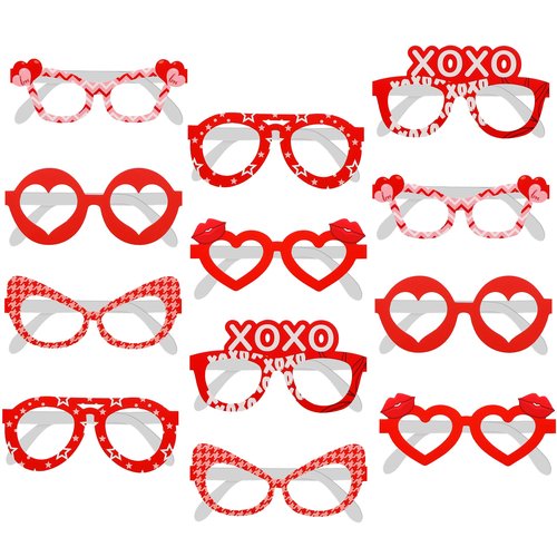 KatchOn, Red Heart Glasses - Pack of 12 | Valentines Glasses for Valentines Day Decorations | Valentines Photo Props for Valentines Decor | 6 Designs Heart Shaped Glasses | Galentines Day Decorations