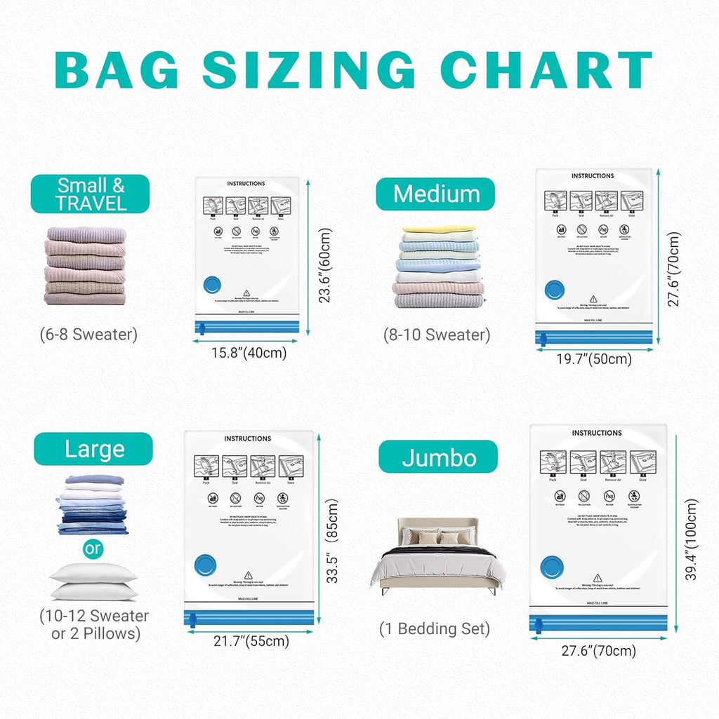 Skiennix Vacuum Seal Bags - 15 Pack Space Saver Storage for Clothing & Travel | Includes Hand Pump