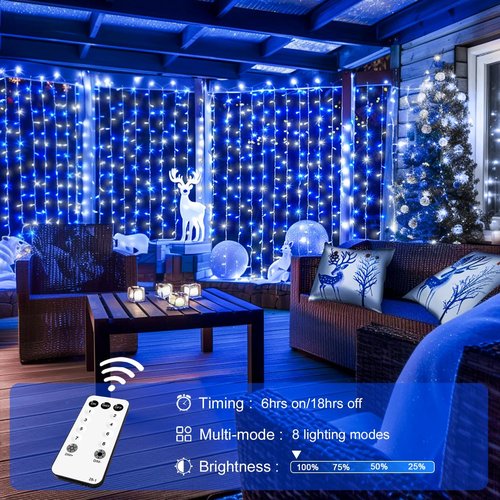 JMEXSUSS 300LED Christmas Curtain Lights - Remote Control Blue & White Fairy Lights | 9.8x9.8ft Indoor/Outdoor Decor