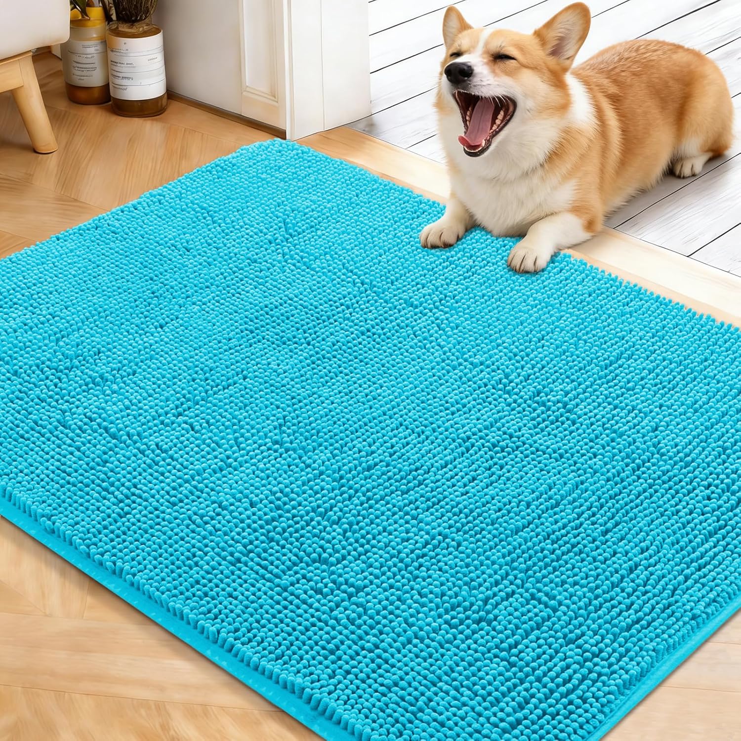 OLANLY Dog Door Mat - Absorbent Non-Slip Washable Doormat for Muddy Paws | 40x32 Aqua Blue