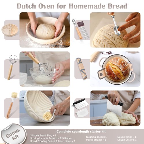 E-far Enameled Dutch Oven Pot for Bread Baking, 6QT Enameled Cast Iron Cookware with Self-Basting Lid & Sourdough Bread Baking Supplies, Heavy Duty Casserole Pot & Dual Handles-Khaki