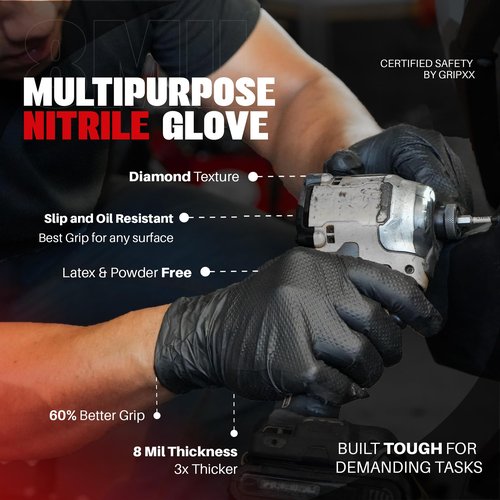 GRIPXX Herkules Grip Heavy Duty 8Mil Black Nitrile Gloves,3D Raised Diamond Texture-Latex & Powder-Free-Industrial, Mechanic (100, XX-Large)