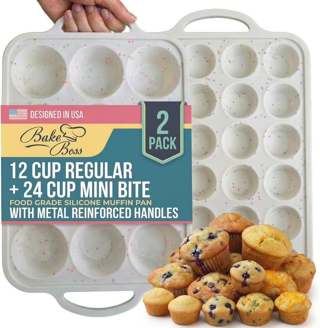 Skiennix Silicone Muffin Pan Set - 2-Pack Regular 12-Cup & Mini 24-Cup | Nonstick, BPA-Free, Dishwasher-Safe, Cream