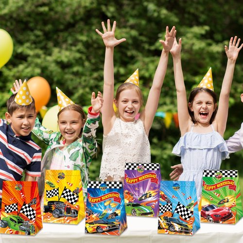 24Pcs Hot Car Birthday Party Supplies Race Car Party Favor Bags with Stickers Colorful Racing Themed Paper Gift Goodie Bags Checkered Flag Race Theme Treat Candy Bag for Kids Boys Birthday Decorations