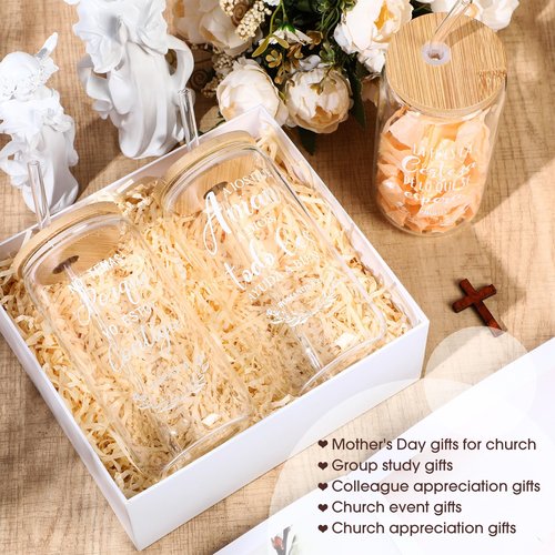 Funnymoom 24 Pcs Spanish Christian Gifts for Women Mom Regalos Cristianos Para Mujer 16 oz Religious Glass Cups with Bamboo Lids and Straws Brushes Bible Verse Coffee Tumbler for Church Gifts