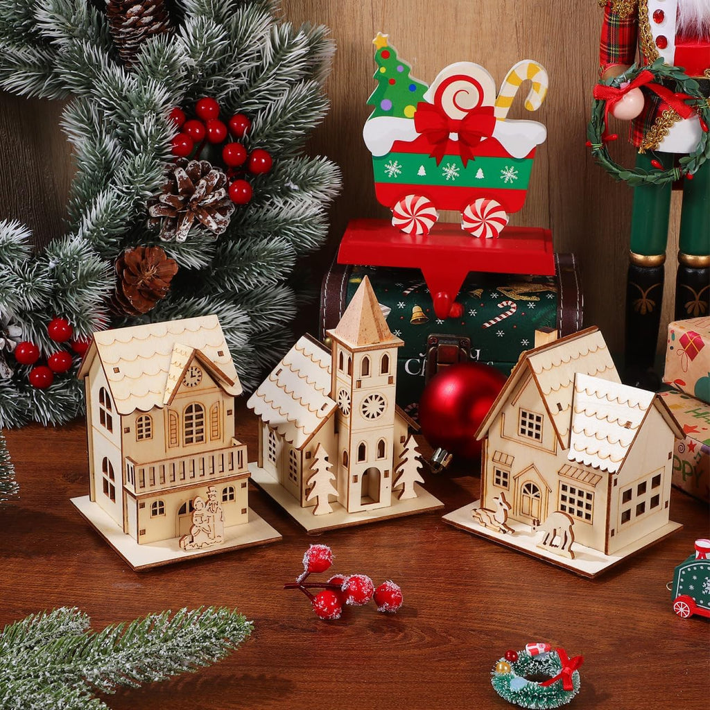 BESPORTBLE Wooden Christmas Village Houses Set - LED Mini Houses for Rustic Holiday Decor | 2025 Indoor Tabletop Accent