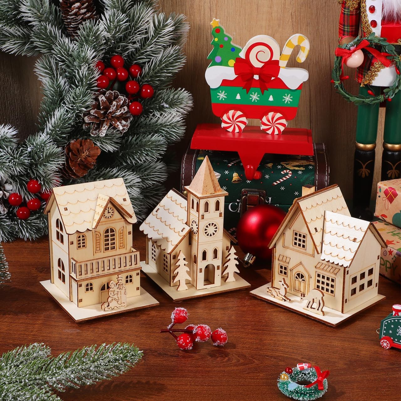 BESPORTBLE Wooden Christmas Village Houses Set - LED Mini Houses for Rustic Holiday Decor | 2025 Indoor Tabletop Accent