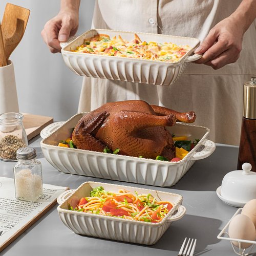 Ceramic Baking Dish Set of 3, Rectangular Casserole Dishes for Oven Lasagna Baking Pan with Handles for Kitchen Cooking, Housewarming Wedding New Year Gift (14"/12"/9")