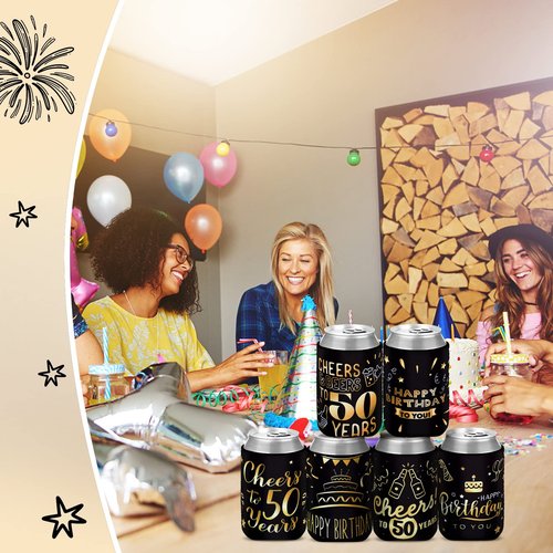 Umigy 48 Pcs 50th Birthday Party Favors Cheer to 50 Years Can Sleeve 50 Years Old Birthday Decorations Black and Gold over the Hill 50th Party Supplies for Men Women Guests