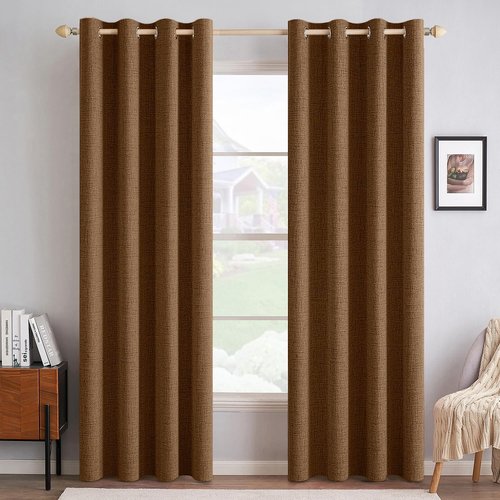 MIULEE 100% Blackout Linen Curtains - Thermal Insulated Brown Grommet Drapes | 52 x 84 Inch (2 Panels)