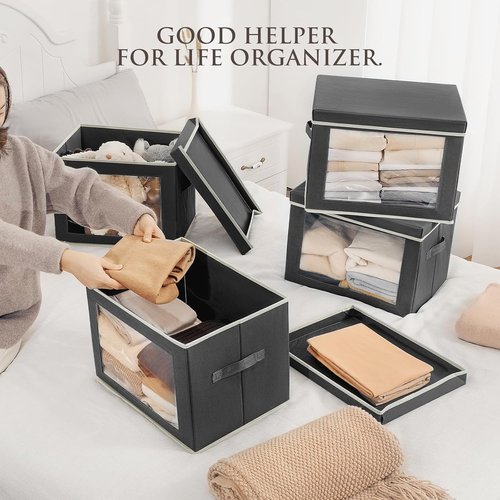 Homsorout Stackable Storage Bins - Large Fabric Closet Organizers with Lids, 5-Pack, Dark Grey