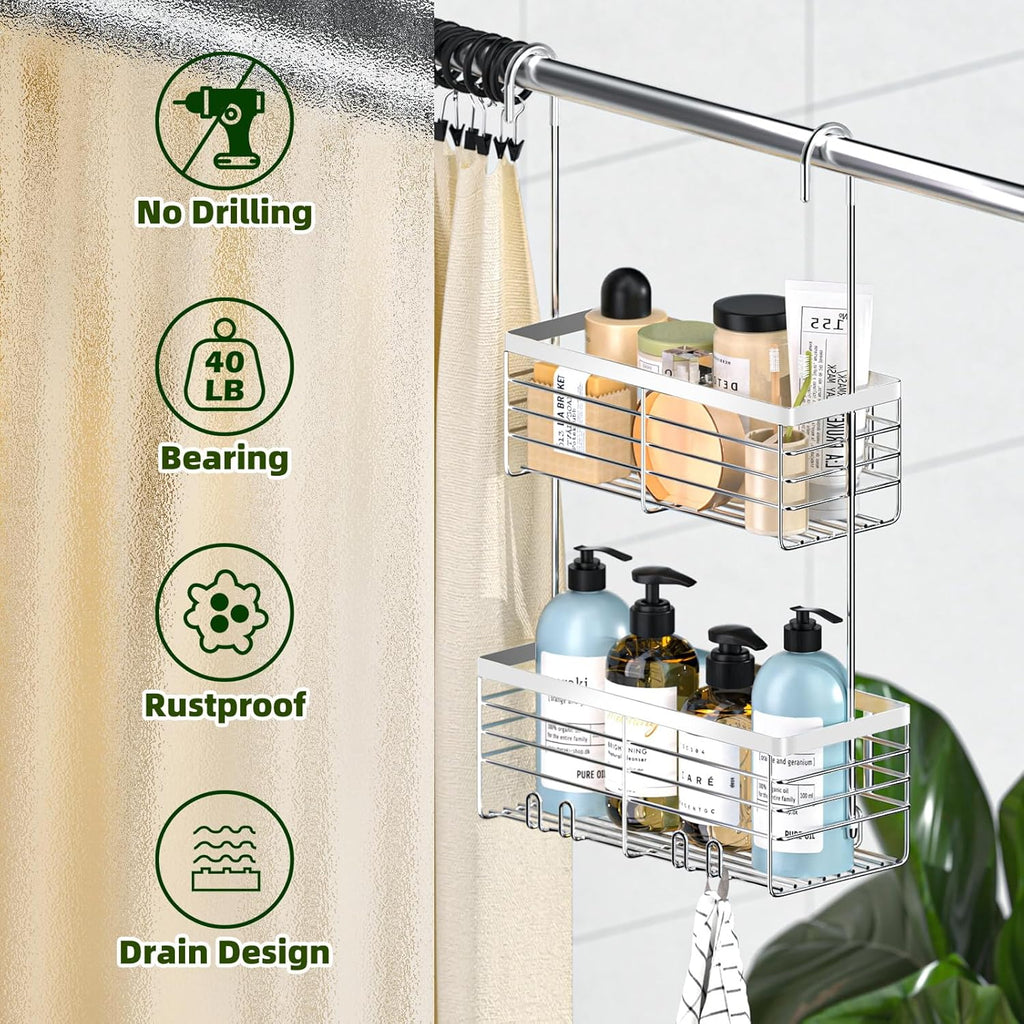 YUOROS Shower Caddy - 2-Tier Over-The-Door Organizer Rack | Rustproof 304 Stainless Steel, Silver Finish