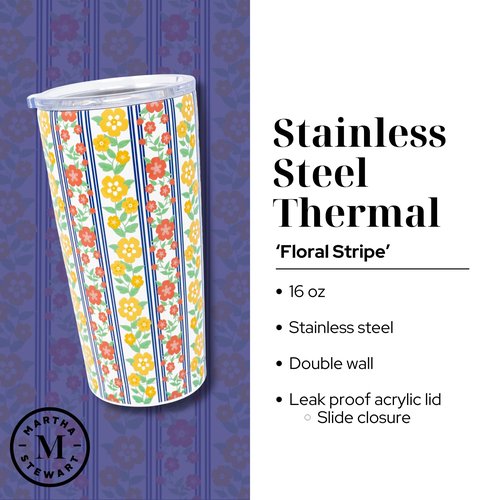 Martha Stewart Insulated Coffee Tumbler, 16 Ounce Stainless Steel Travel Mug with Lid, Double-Wall Design for Hot or Cold Beverages, Floral Stripe