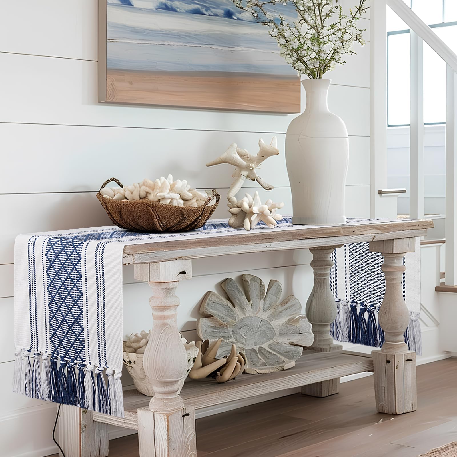 yuboo Blue and White Table Runner Farmhouse Style - Coastal Nautical Woven Table Runner 72 inches Long with Tassels, Dresser Runners for Bedroom, Dining Room, Summer Table Decor