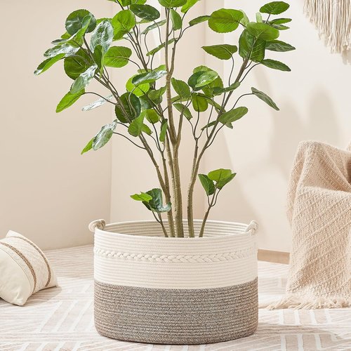 KAKAMAY Large Cotton Rope Blanket Basket - Stylish Storage for Baby Laundry & Toys | 20"x13" White/Beige