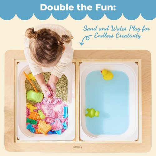 Bateso Sensory Table for Toddlers 1-3 with 2 Chairs & Roll Paper, Wooden Kid Activity Table Chair Set with Double-Sided Boards and 2 Storage Bins for Sand and Water Play
