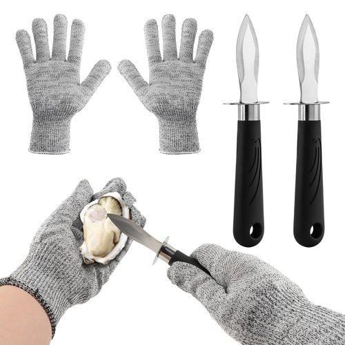 Oyster Shucker Set, 2-Piece Professional Oysters Shucking Knives and Cut Resistant Gloves for Oysters, Clams & Shellfish Opener Kit for Home Kitchen, Oyster Bar & Seafood Party