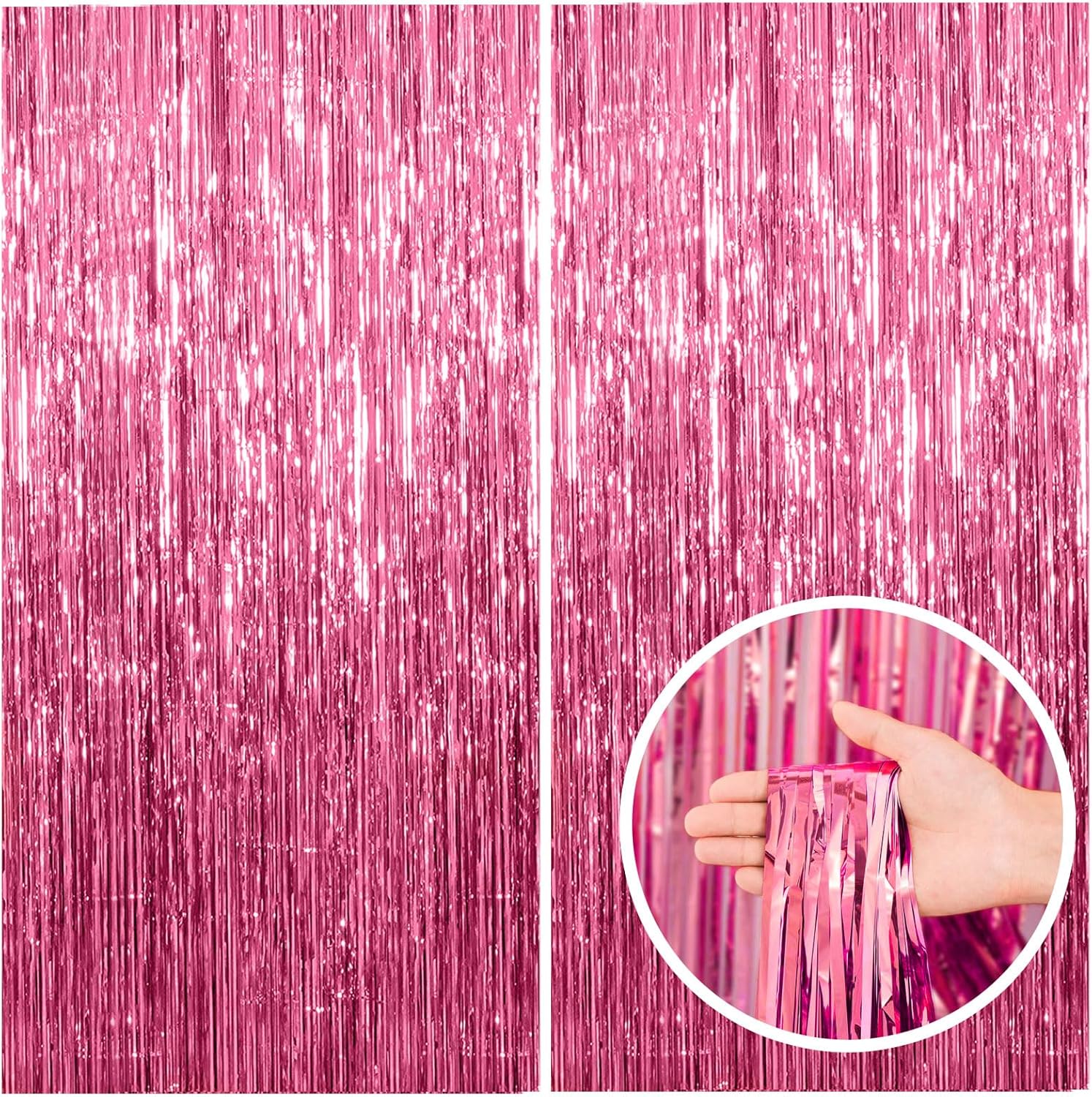 Skiennix Pink Tinsel Curtain Backdrop - 2 Pack Foil Fringe Decorations for Parties & Photo Booths