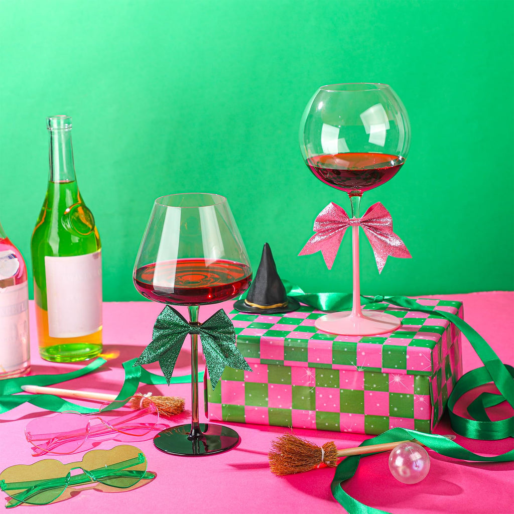 Honeydak 5 Pcs 18 oz Witch Pink Green Crystal Wine Glass Set Includes 2 Theme Wine Glass 2 Glitter Bows and 1 Designed Wrapping Paper for BFF Couples Witch Lover Musical Play & Movie Lovers Gift