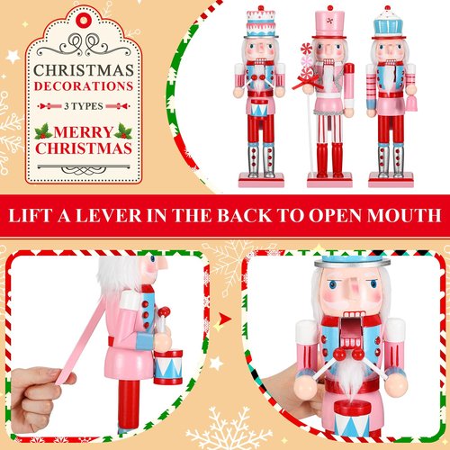 Geetery 3 Pcs Valentine Nutcracker Figures Decor 14 Inch Wood Pink Nutcracker Table Centerpiece Valentine Gift for Holiday Shelves Indoor Tabletop(Cake Style)