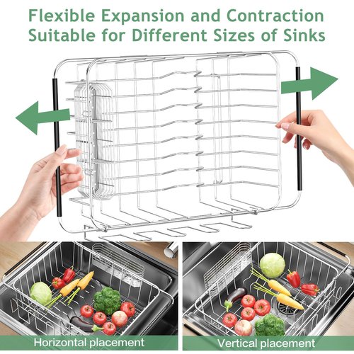Fanbsy Dish Drying Rack in Sink, Extendable Stainless Steel Dish Drainers for Kitchen Counter, Anti-Rust Dish Dryer Rack with Utensil & Cup Holders, for Inside Sink, Over The Sink