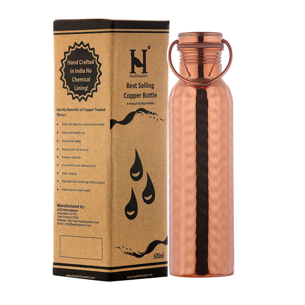 HealthGoodsIn - Pure Copper Hammered Water Bottle with Carrying Handle 600 Ml (20.28 Fluid Ounce) | Seamless Leakproof Water Bottle for Ayurvedic Benefits