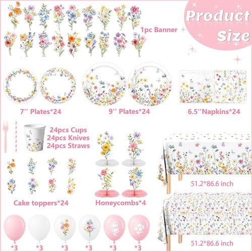 193Pcs Spring Wildflower Party Decorations Include Plates, Napkins, Cups, Balloons, Banner, Tablecloth, Cake Toppers, Honeycombs for Floral Birthday Baby Shower Party, Serve 24