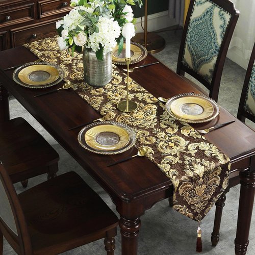 Embroidered Dark Brown Table Runners 120" Boho Thick Chenille Gold Floral Pattern for Party Decor